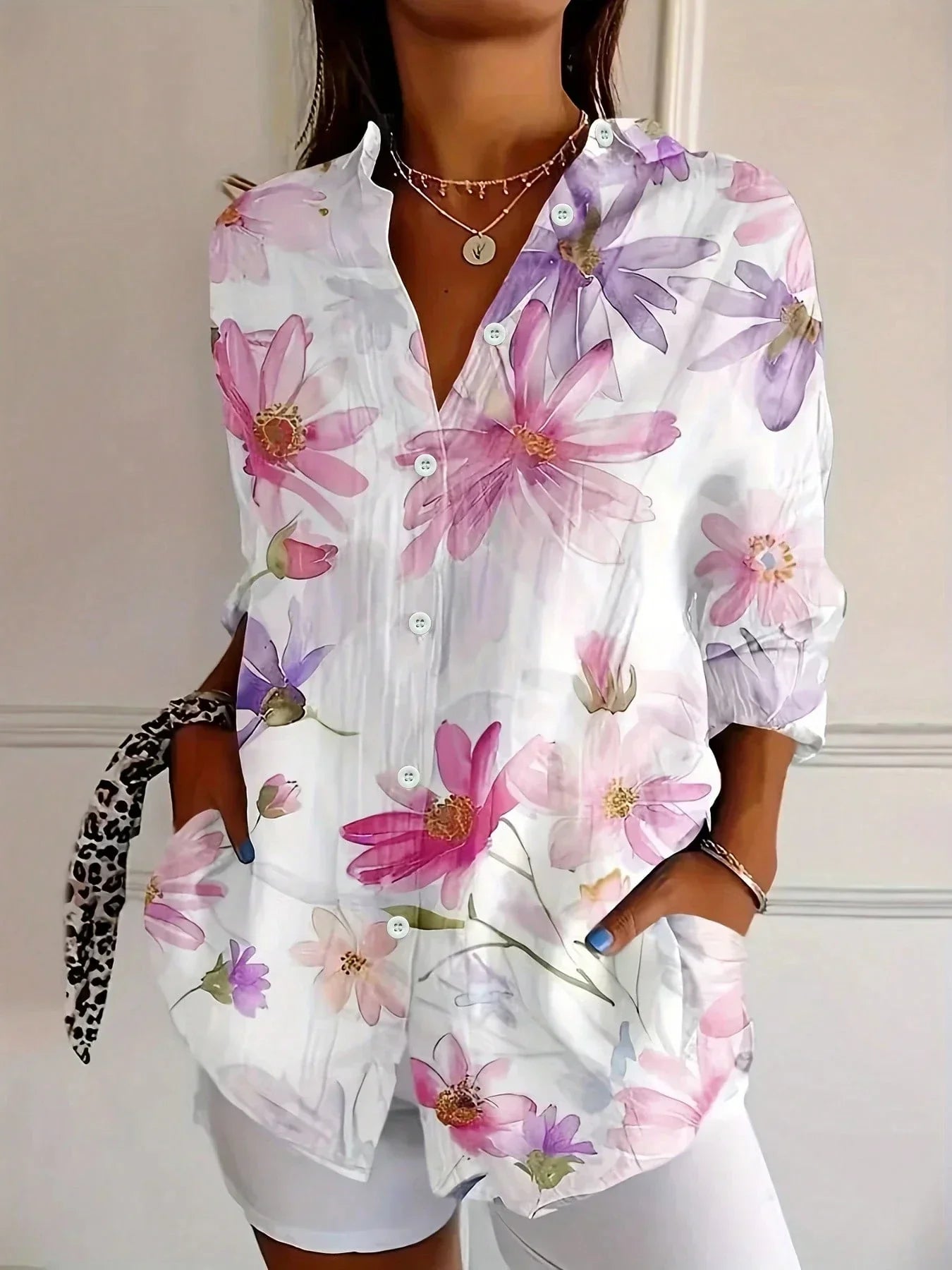 Dorvelli | Women's Long-Sleeve Blouse – Abstract Print Button-Front