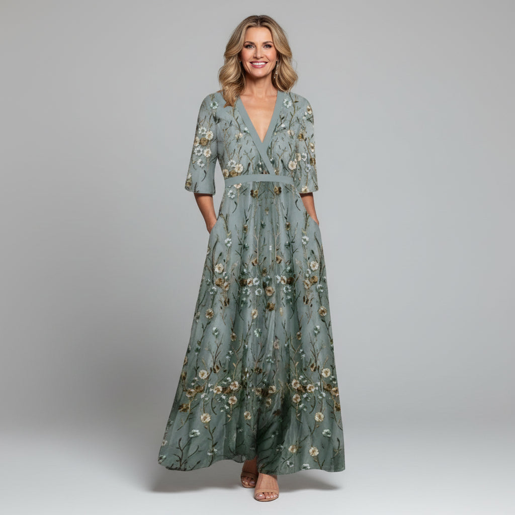 Dorvelli | Women's Maxi Dress – Floral Embroidered V-Neck