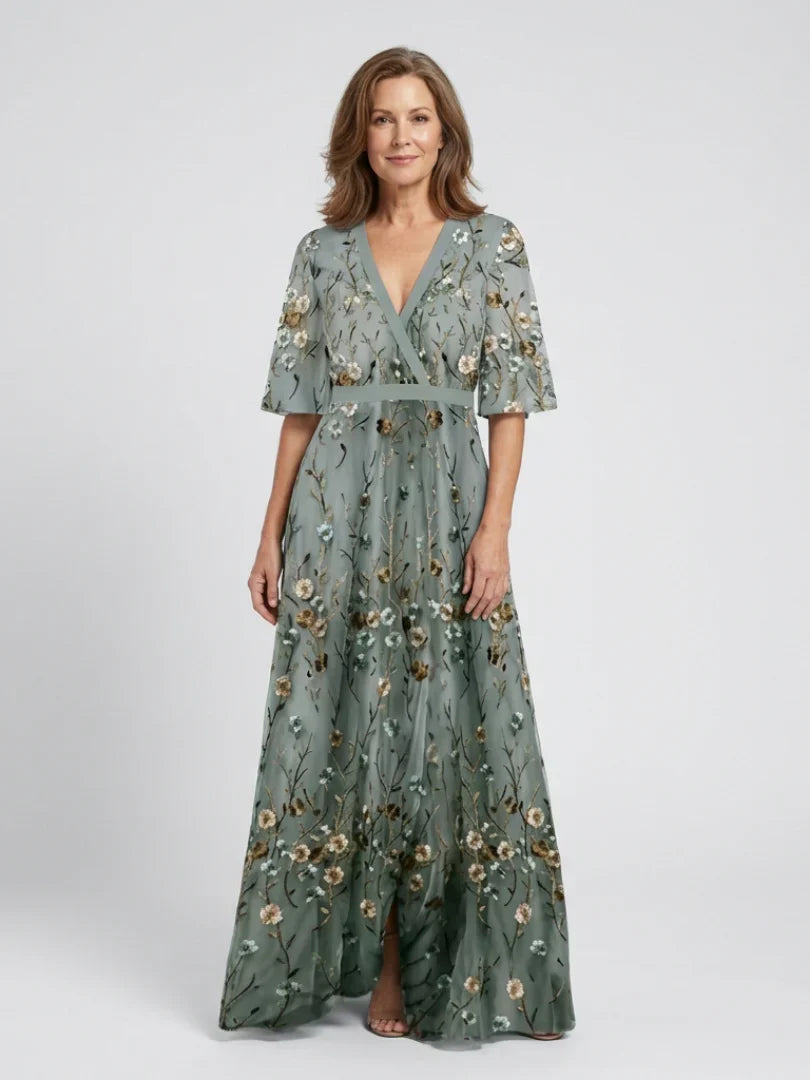 Dorvelli | Women's Maxi Dress – Floral Embroidered V-Neck