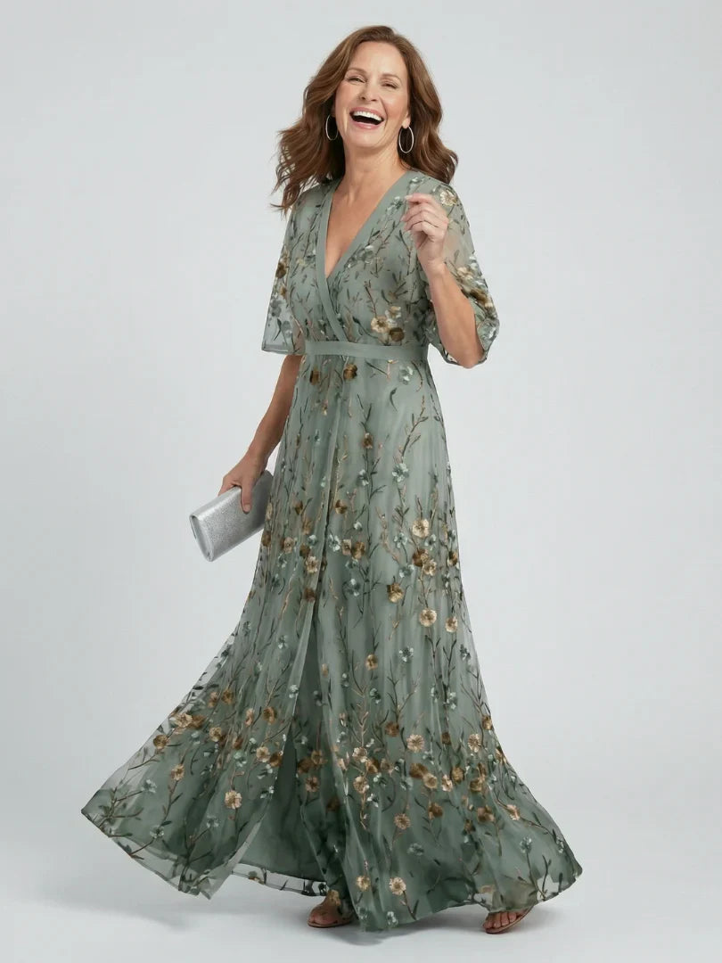 Dorvelli | Women's Maxi Dress – Floral Embroidered V-Neck