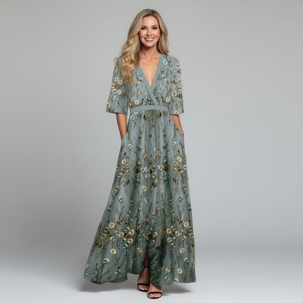 Dorvelli | Women's Maxi Dress – Floral Embroidered V-Neck