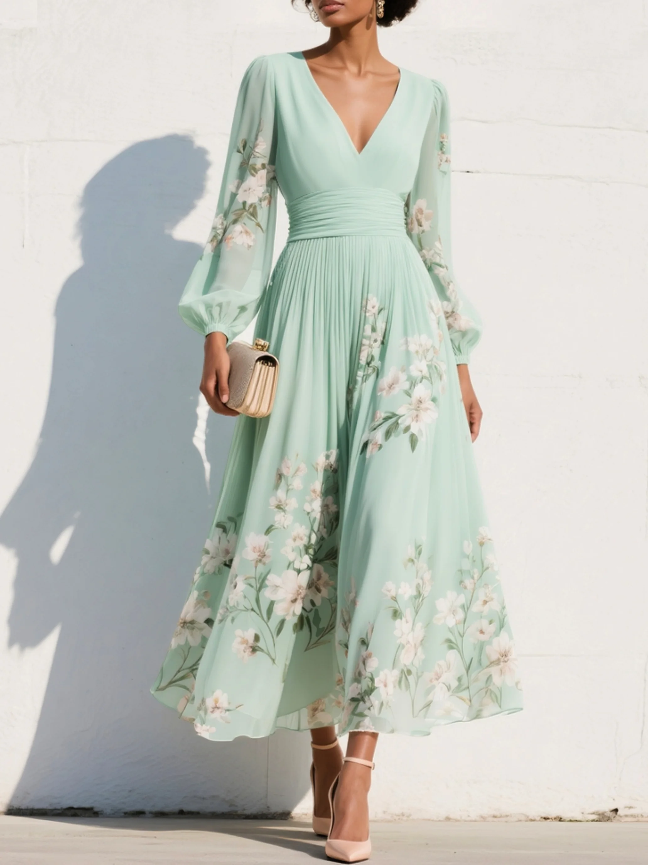Dorvelli | Women's Midi Dress – V-Neck Floral