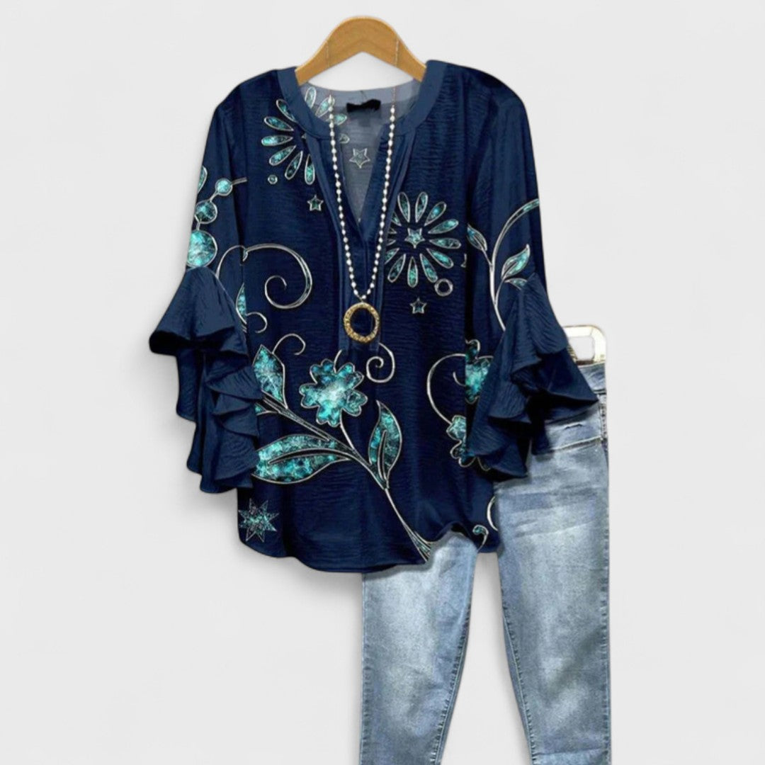 Dorvelli | Women's V-Neck Blouse – Ruffle Sleeve Top