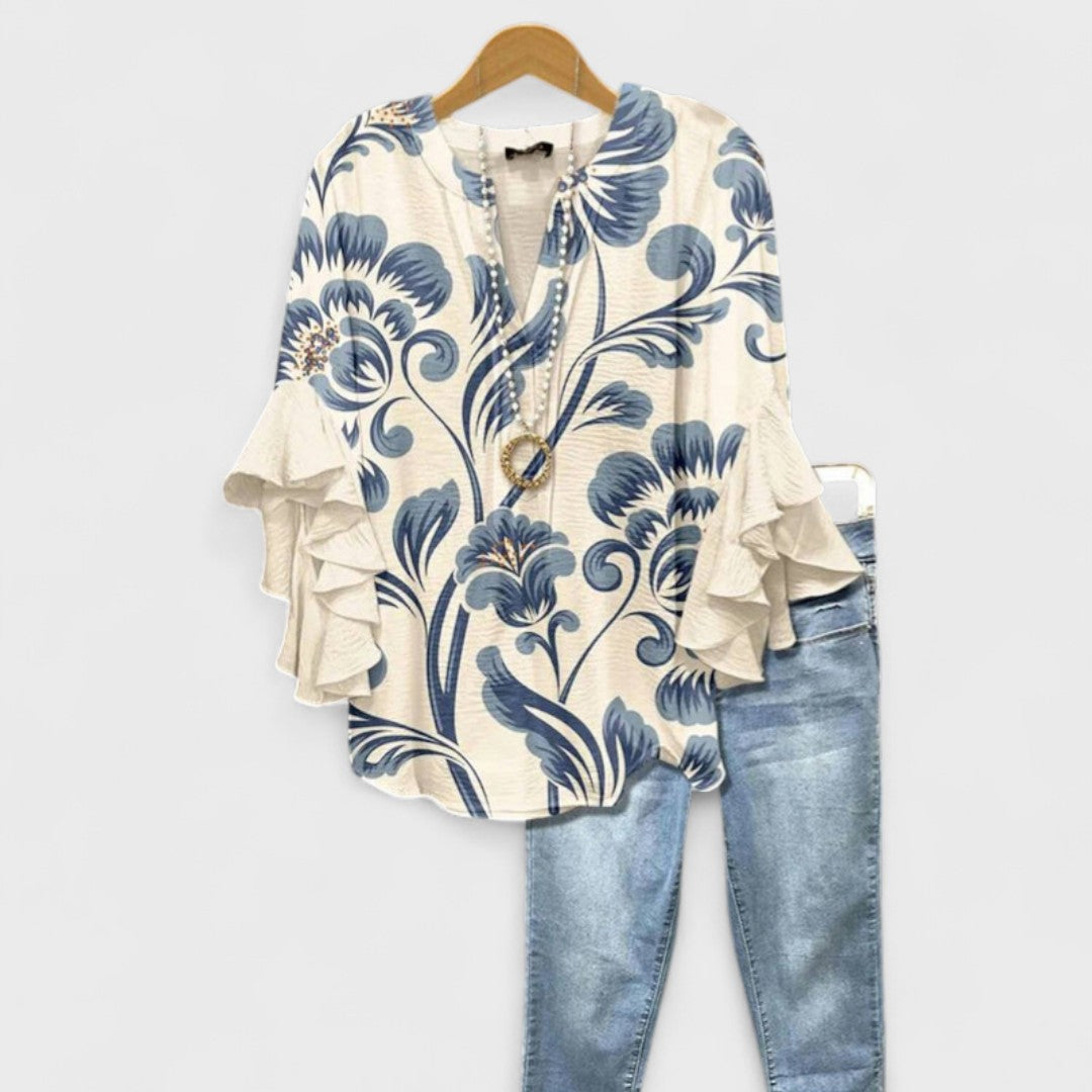 Dorvelli | Women's V-Neck Blouse – Ruffle Sleeve Top