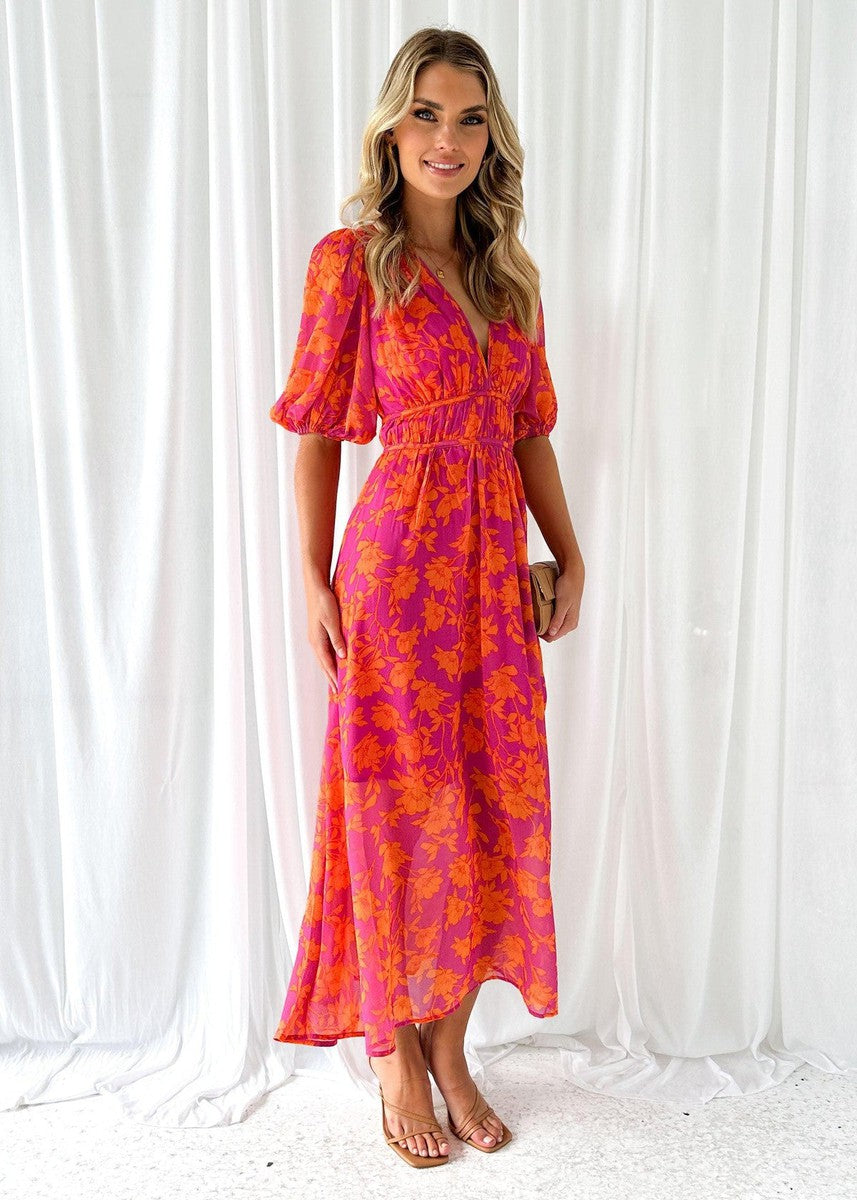 Dorvelli | Women’s Wedding Guest Midi Dress – Floral Puff Sleeve