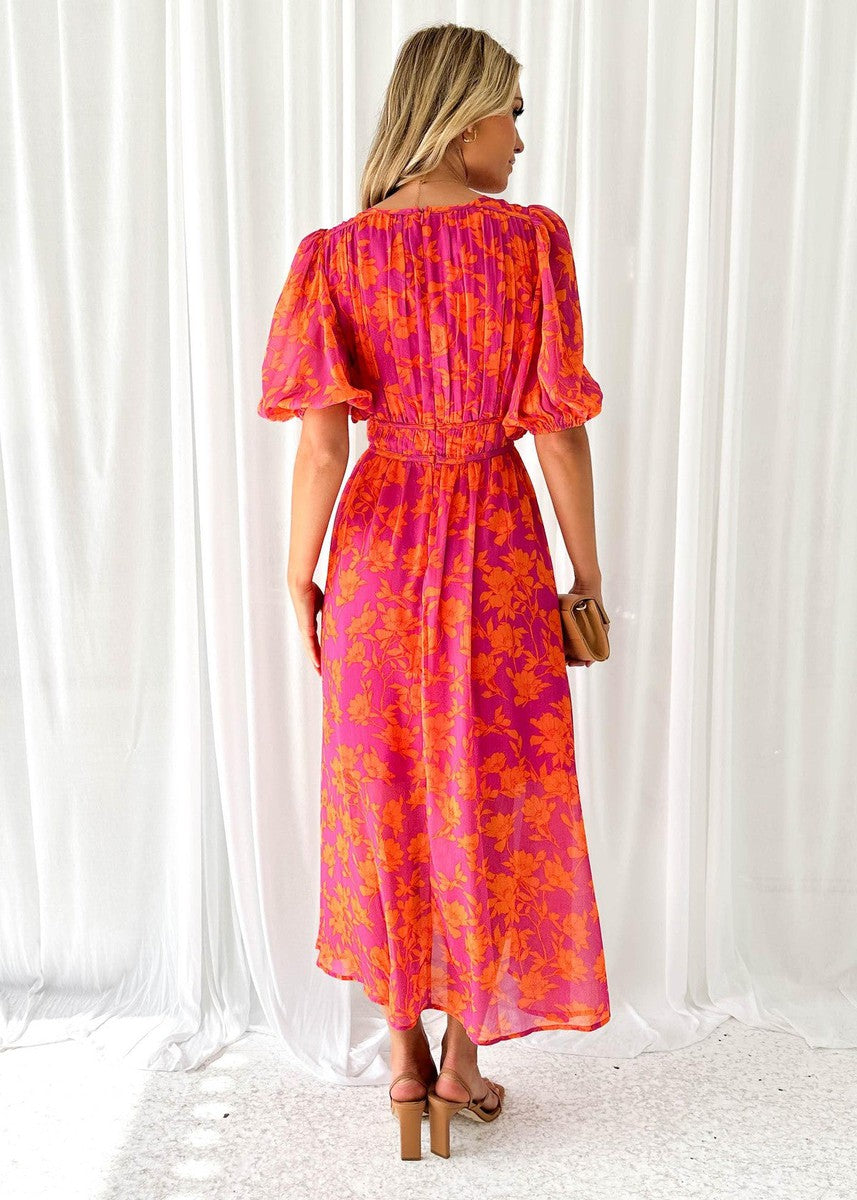 Dorvelli | Women’s Wedding Guest Midi Dress – Floral Puff Sleeve