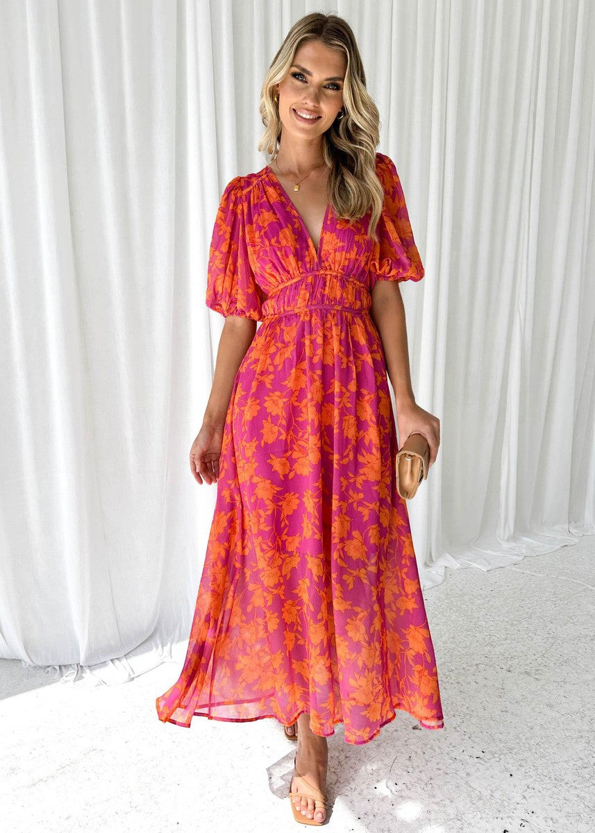 Dorvelli | Women’s Wedding Guest Midi Dress – Floral Puff Sleeve