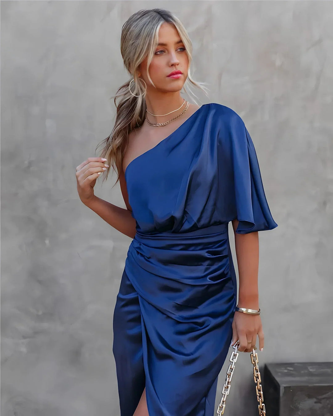 Dorvelli | Women’s Wedding Guest Midi Dress – One-Shoulder Draped Wrap