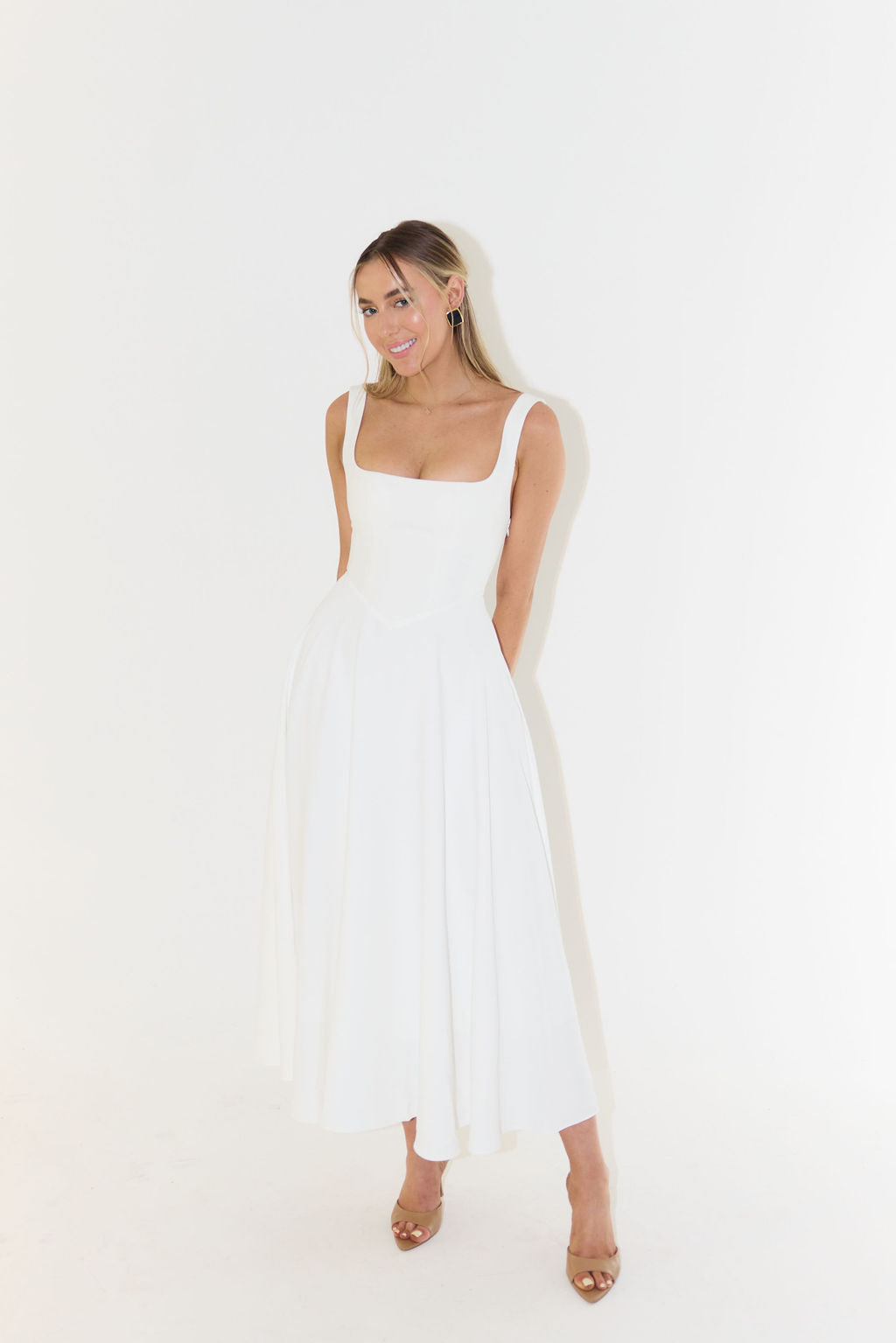 Dorvelli | Women’s Wedding Guest Midi Dress – Square-Neck Pleated