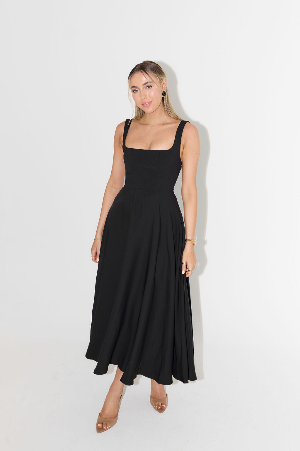 Dorvelli | Women’s Wedding Guest Midi Dress – Square-Neck Pleated