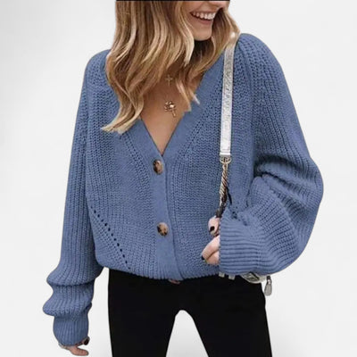 Dorvelli | Women’s Cardigan – Deep Collar Lantern Sleeve Elegance