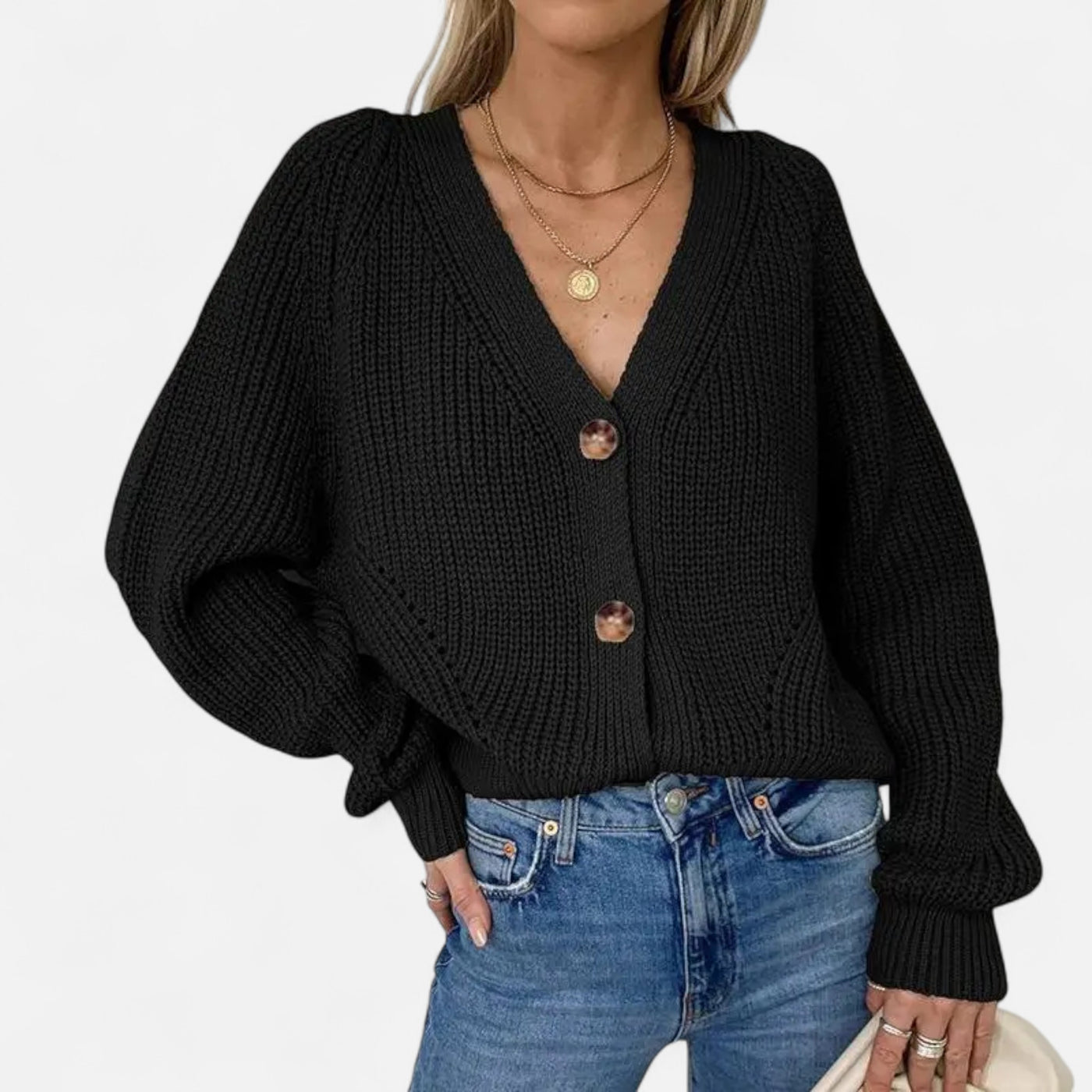 Dorvelli | Women’s Cardigan – Deep Collar Lantern Sleeve Elegance