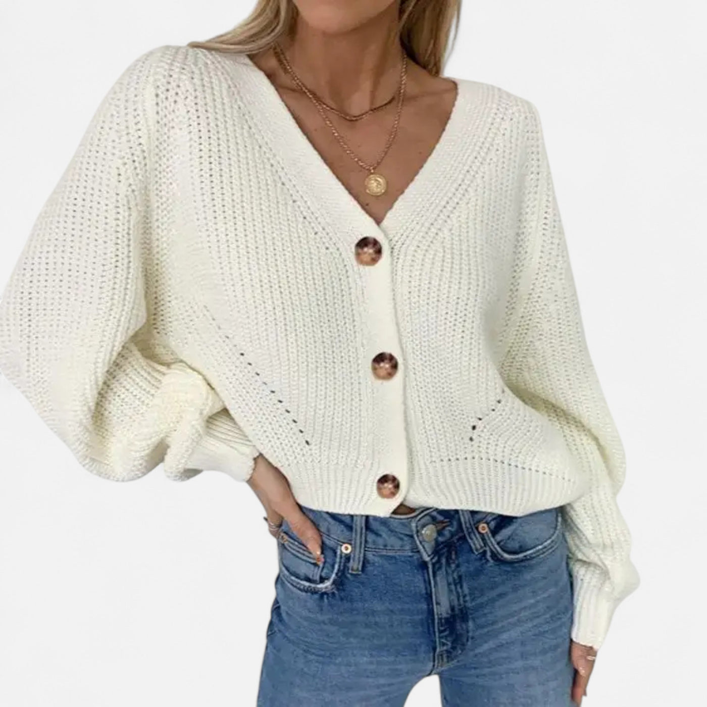 Dorvelli | Women’s Cardigan – Deep Collar Lantern Sleeve Elegance