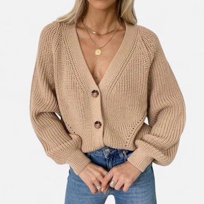 Dorvelli | Women’s Cardigan – Deep Collar Lantern Sleeve Elegance