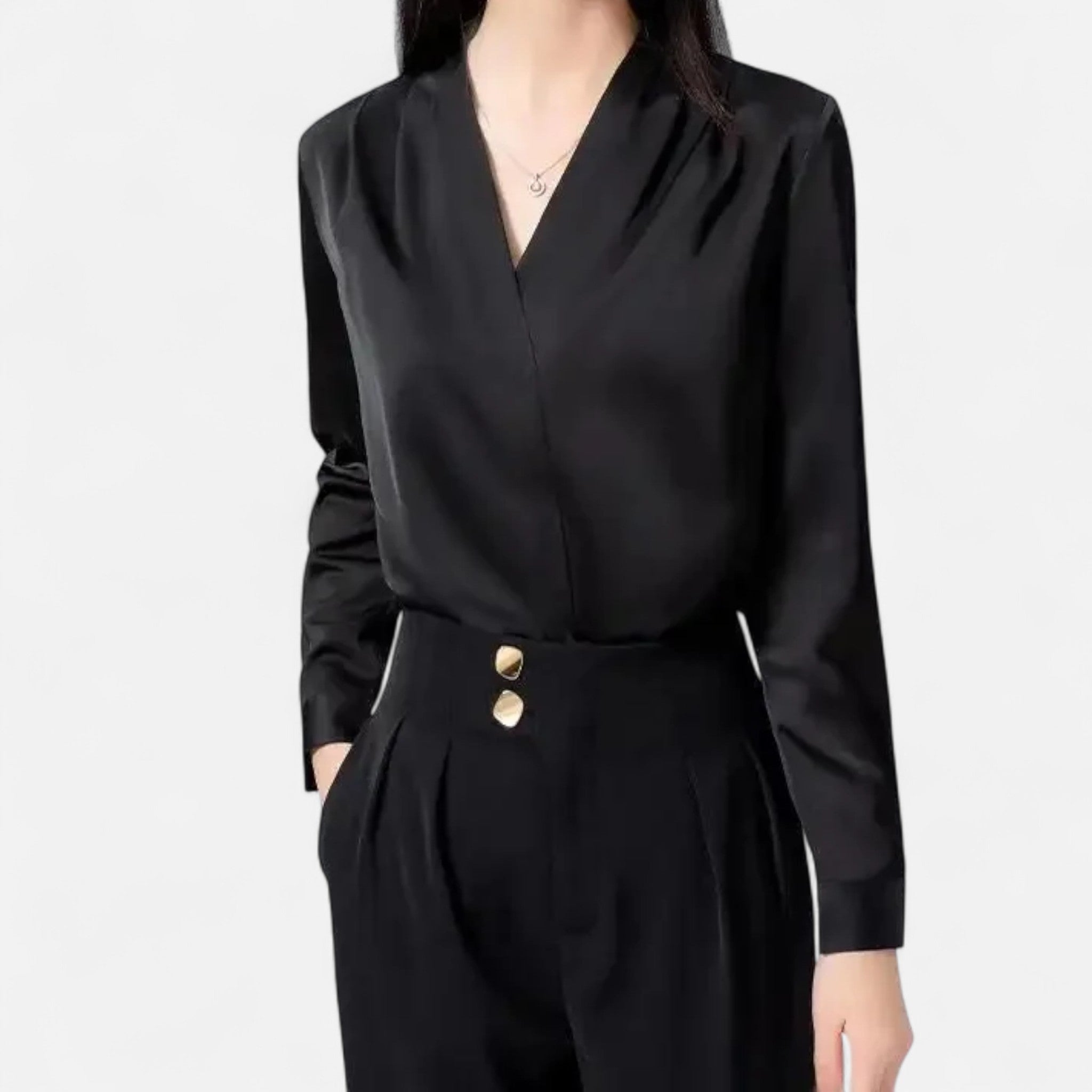 Dorvelli | Women’s Blouse – Satin V-Neck Long Sleeve