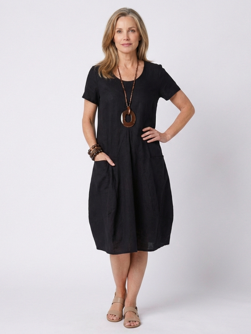 Dorvelli | Women’s Midi Dress – Pleated Short-Sleeve Elegance