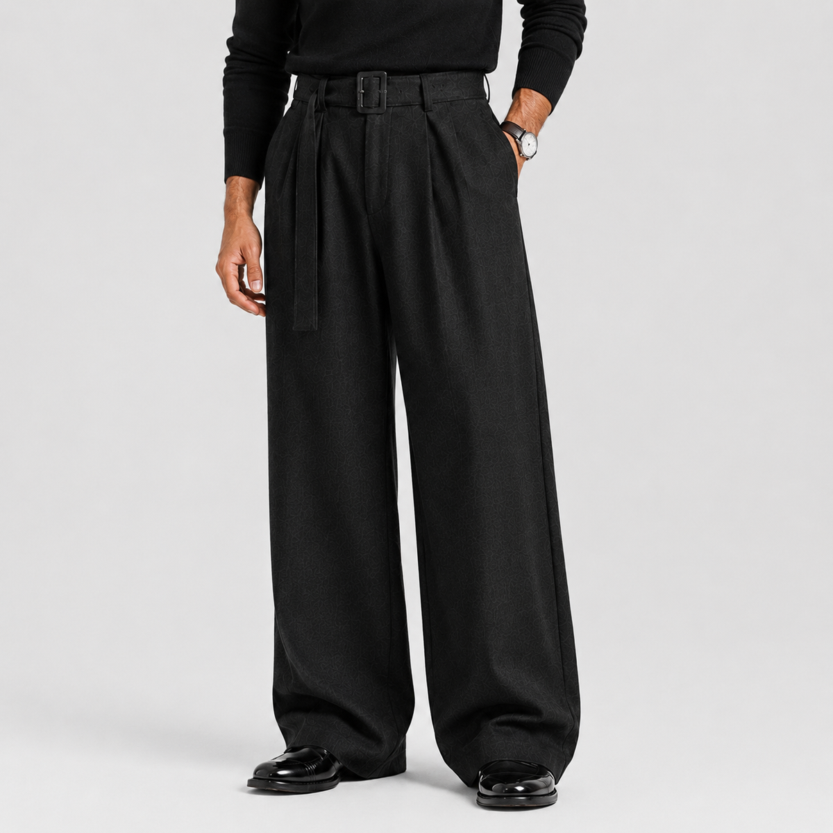 Ellison Belted High-Waist Pleated Trousers – Men's Relaxed Straight Leg Tailored Pants