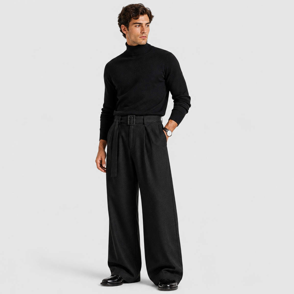 Ellison Belted High-Waist Pleated Trousers – Men's Relaxed Straight Leg Tailored Pants