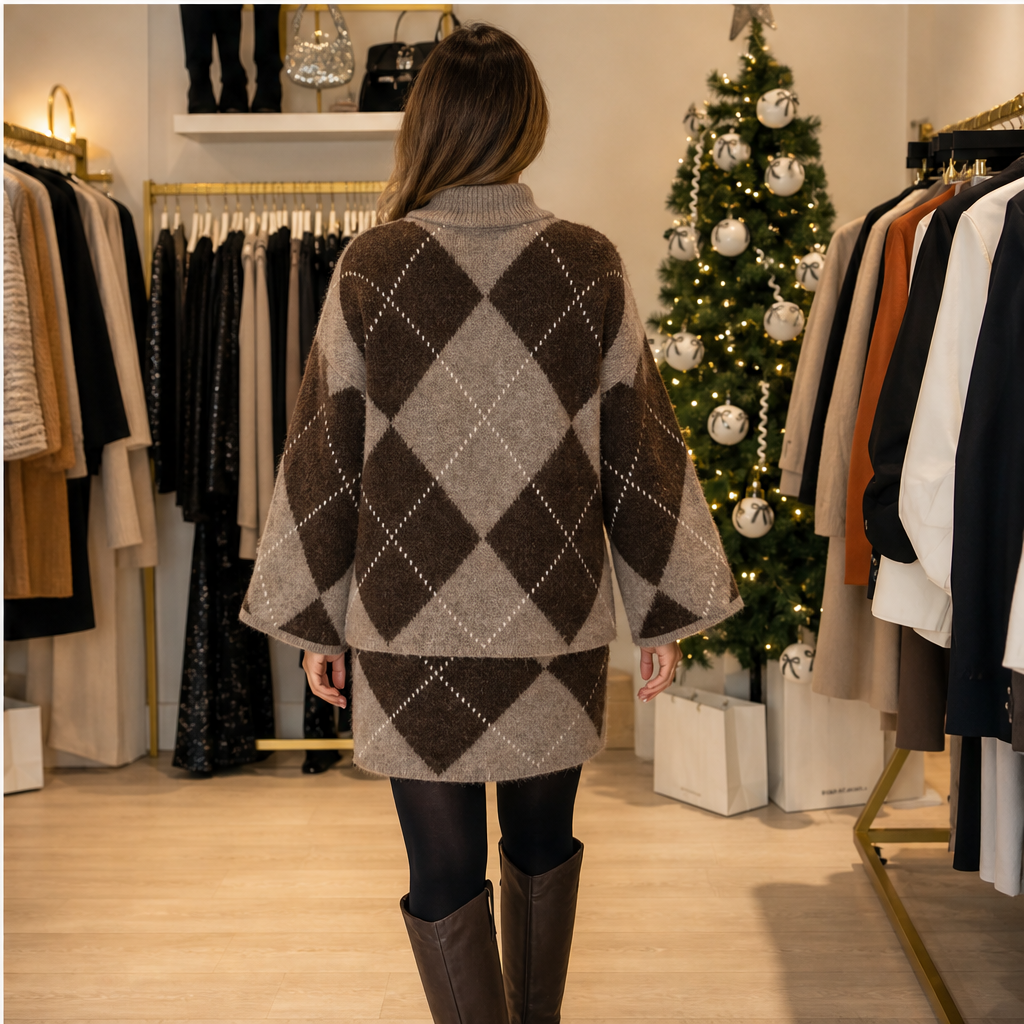 Elodie Argyle Knit Set – Turtleneck Jumper and Mini Skirt Brown
