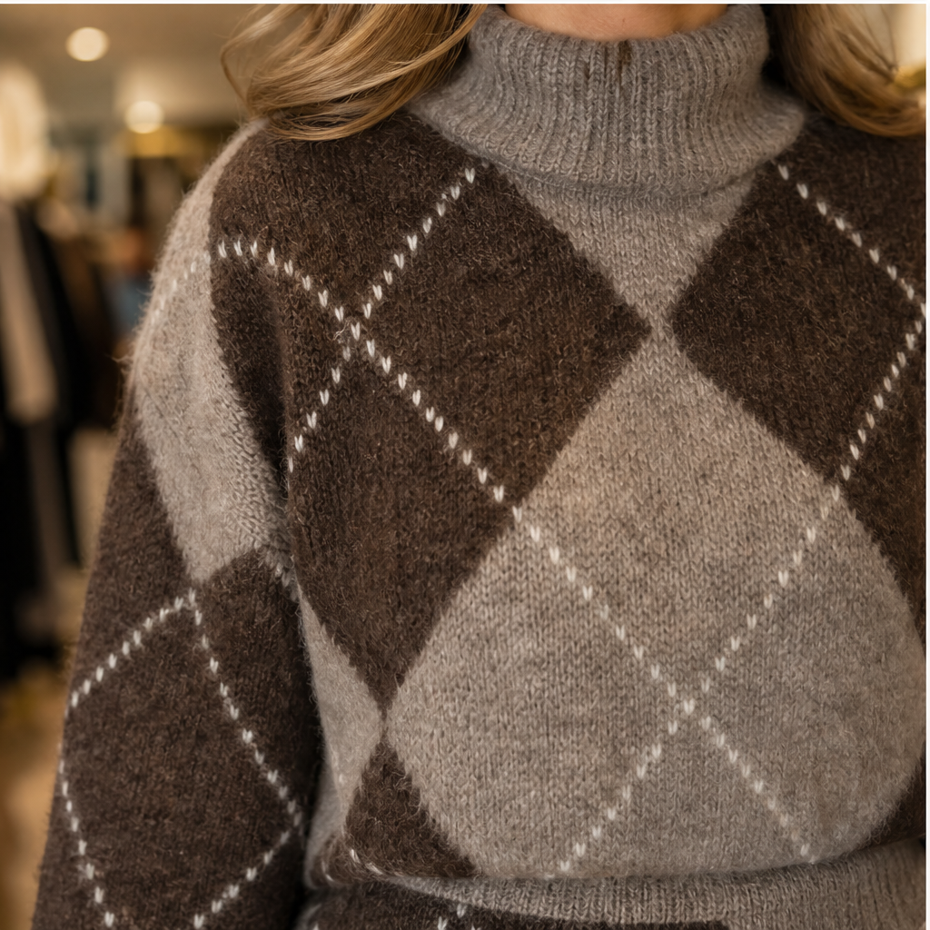 Elodie Argyle Knit Set – Turtleneck Jumper and Mini Skirt Brown