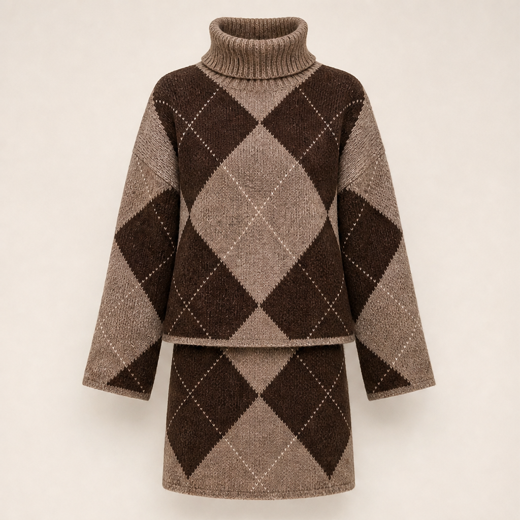 Elodie Argyle Knit Set – Turtleneck Jumper and Mini Skirt Brown