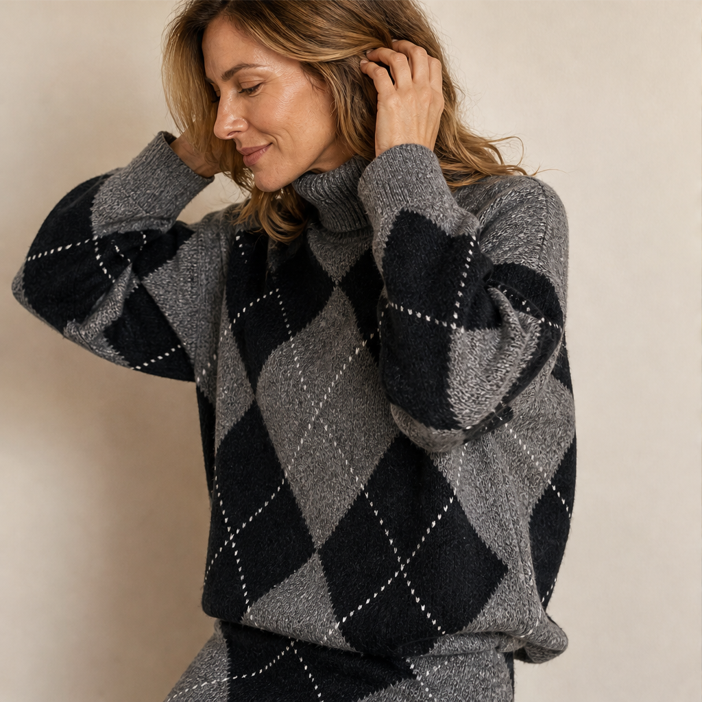 Elodie Argyle Knit Set – Turtleneck Jumper and Mini Skirt Grey