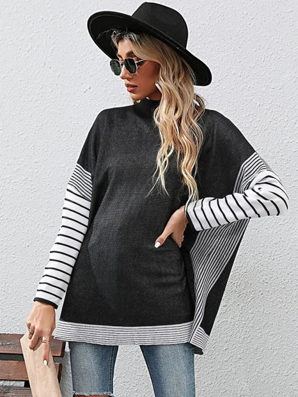 Elspeth Patchwork Stripe Mock Neck Knit Top – Drop Shoulder Long Sleeve | Dorvelli