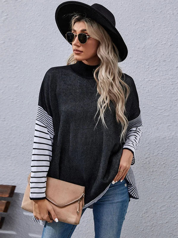 Elspeth Patchwork Stripe Mock Neck Knit Top – Drop Shoulder Long Sleeve | Dorvelli