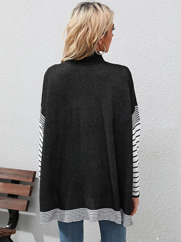 Elspeth Patchwork Stripe Mock Neck Knit Top – Drop Shoulder Long Sleeve | Dorvelli
