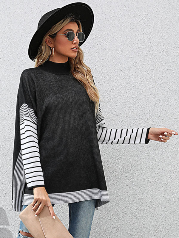 Elspeth Patchwork Stripe Mock Neck Knit Top – Drop Shoulder Long Sleeve | Dorvelli