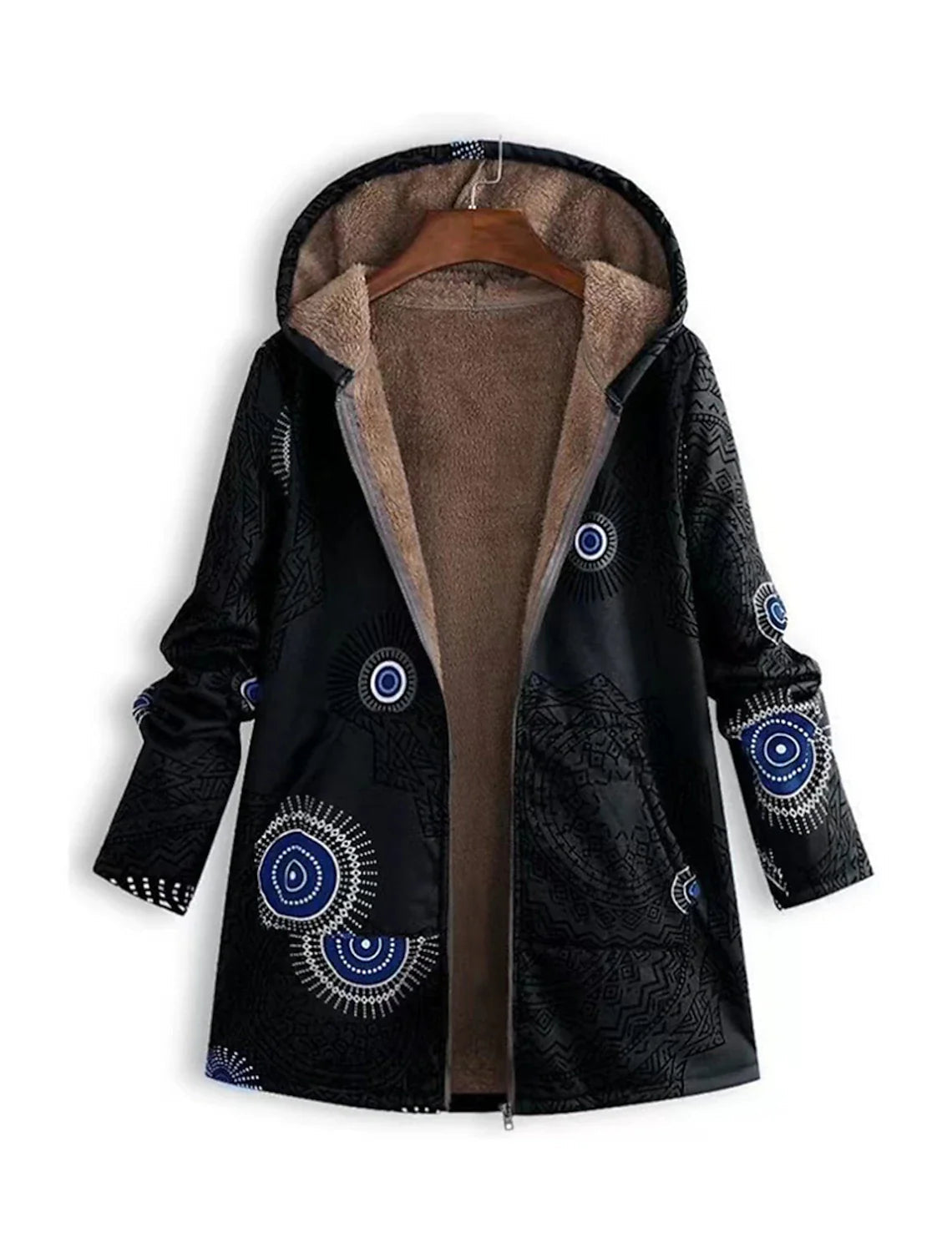 Esmeray Mandala Print Hooded Parka – Plush Lined Mid-Length Front Pockets
