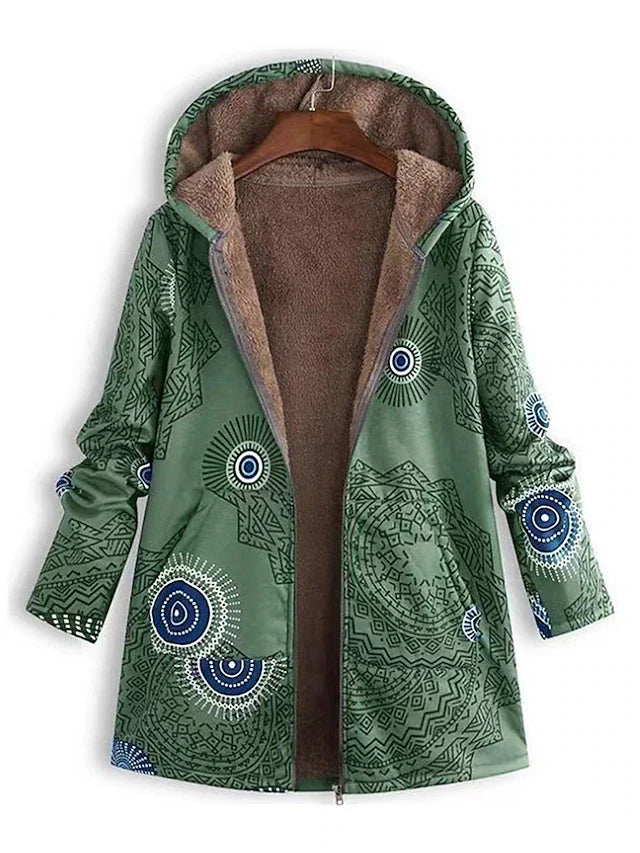 Esmeray Mandala Print Hooded Parka – Plush Lined Mid-Length Front Pockets