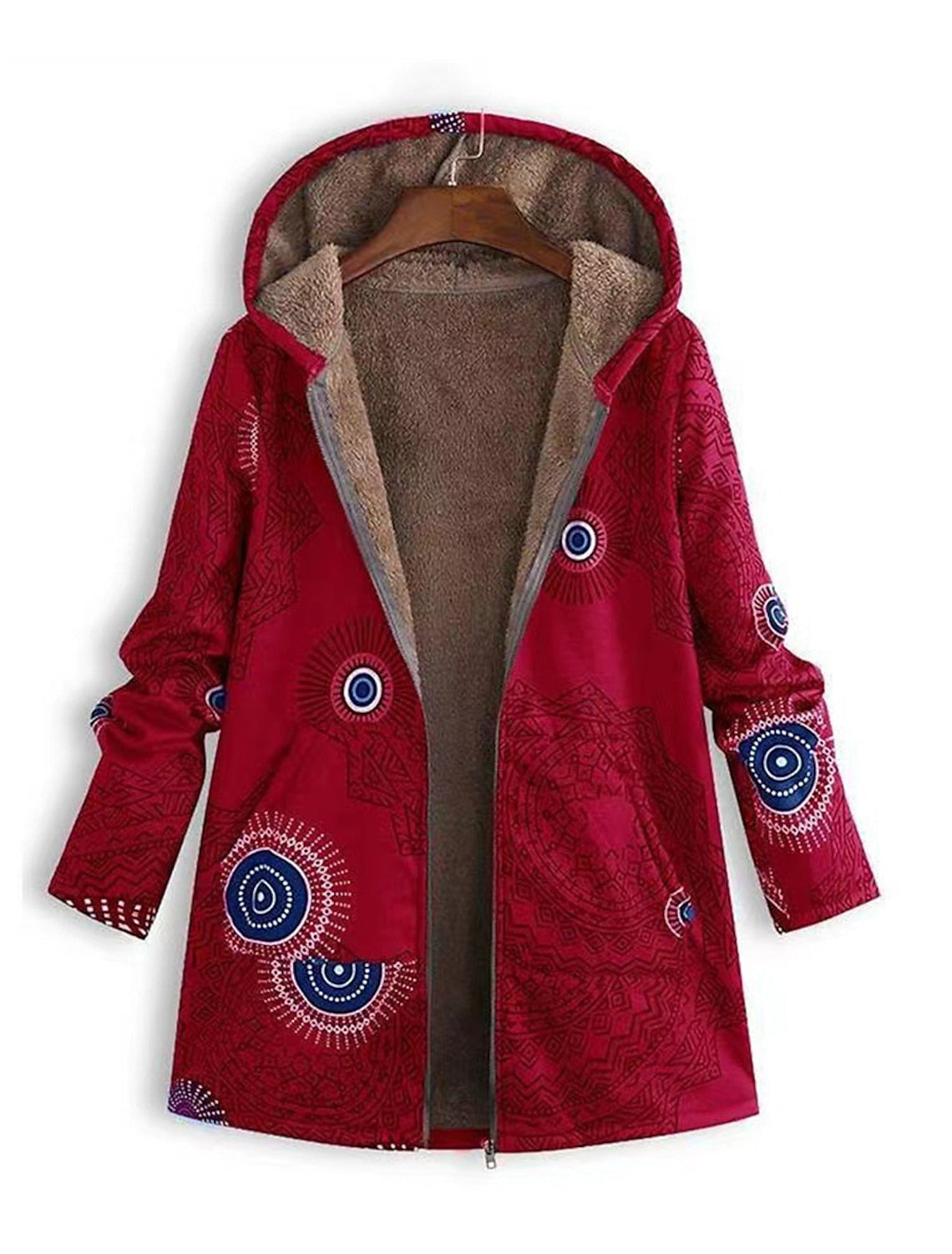Esmeray Mandala Print Hooded Parka – Plush Lined Mid-Length Front Pockets