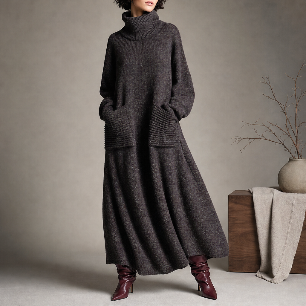 Evangeline Funnel Neck Knit Maxi Dress – Long Sleeve Front Pockets