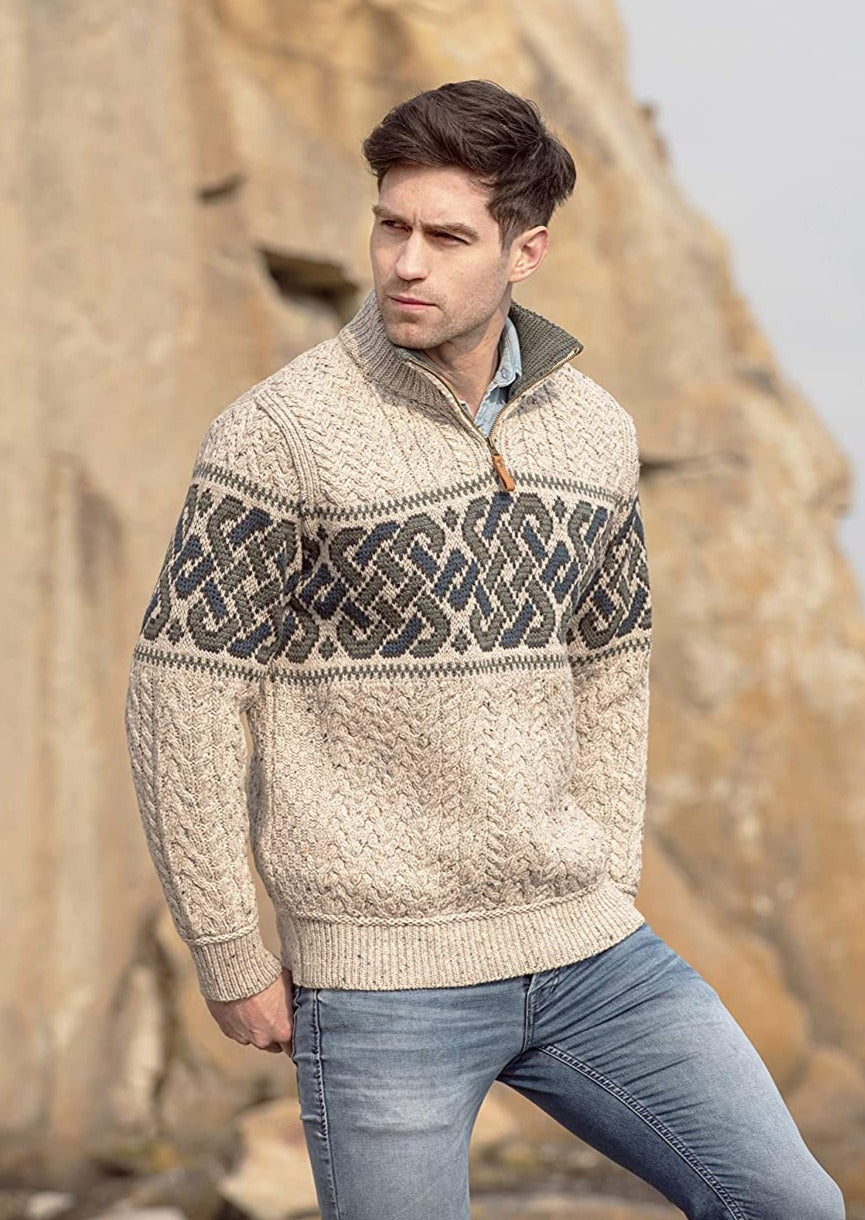 Ewan Jacquard Band Half-Zip Jumper – Men's Nordic Pattern Knit Sweater