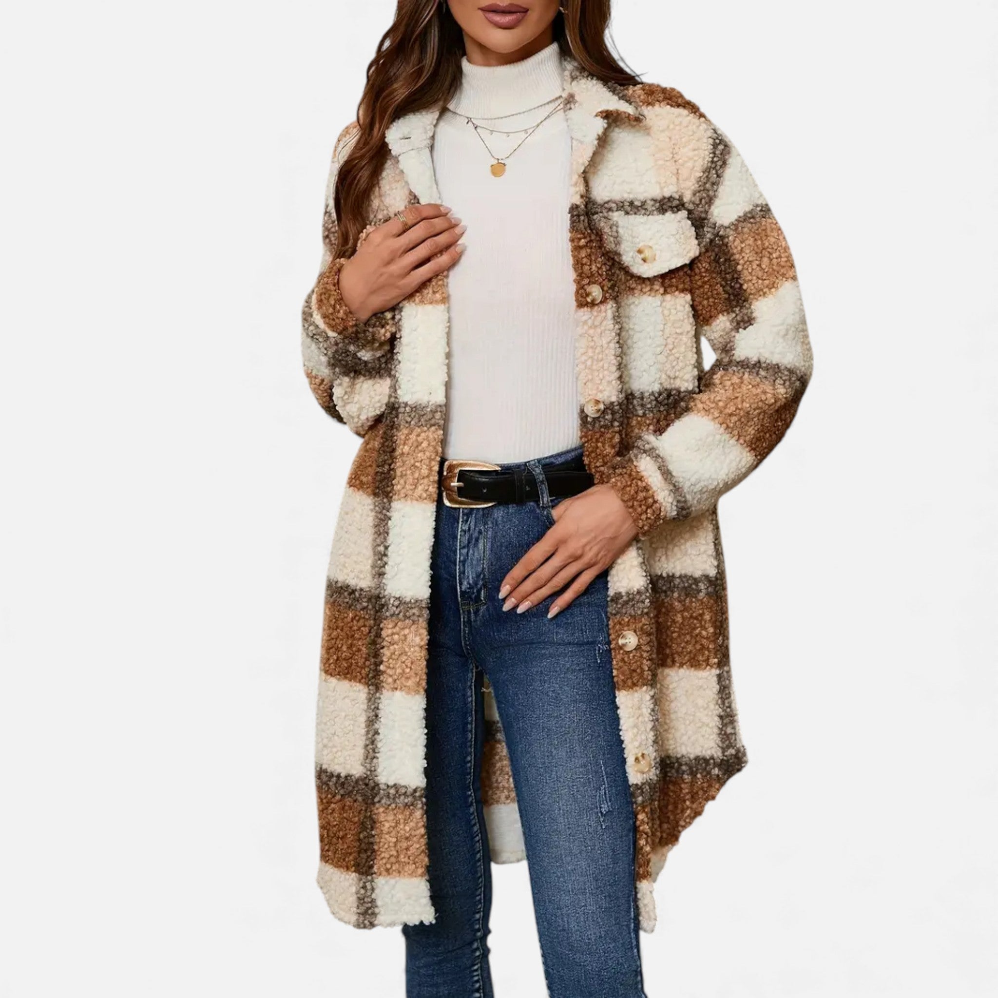 Dorvelli | Women’s Plaid Lapel Collar Jacket – Elegant Suede & PU Design