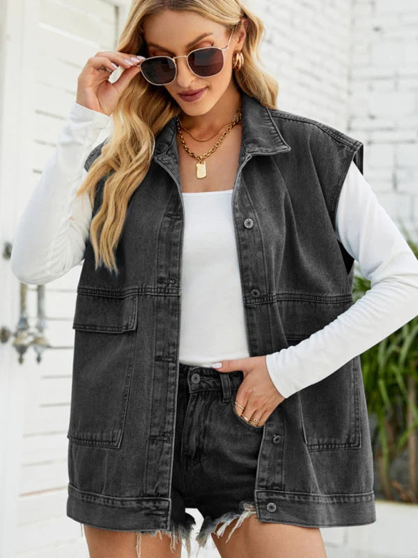 Fabienne Button-Up Sleeveless Utility Jacket – Patch Pockets Faded Finish | Dorvelli