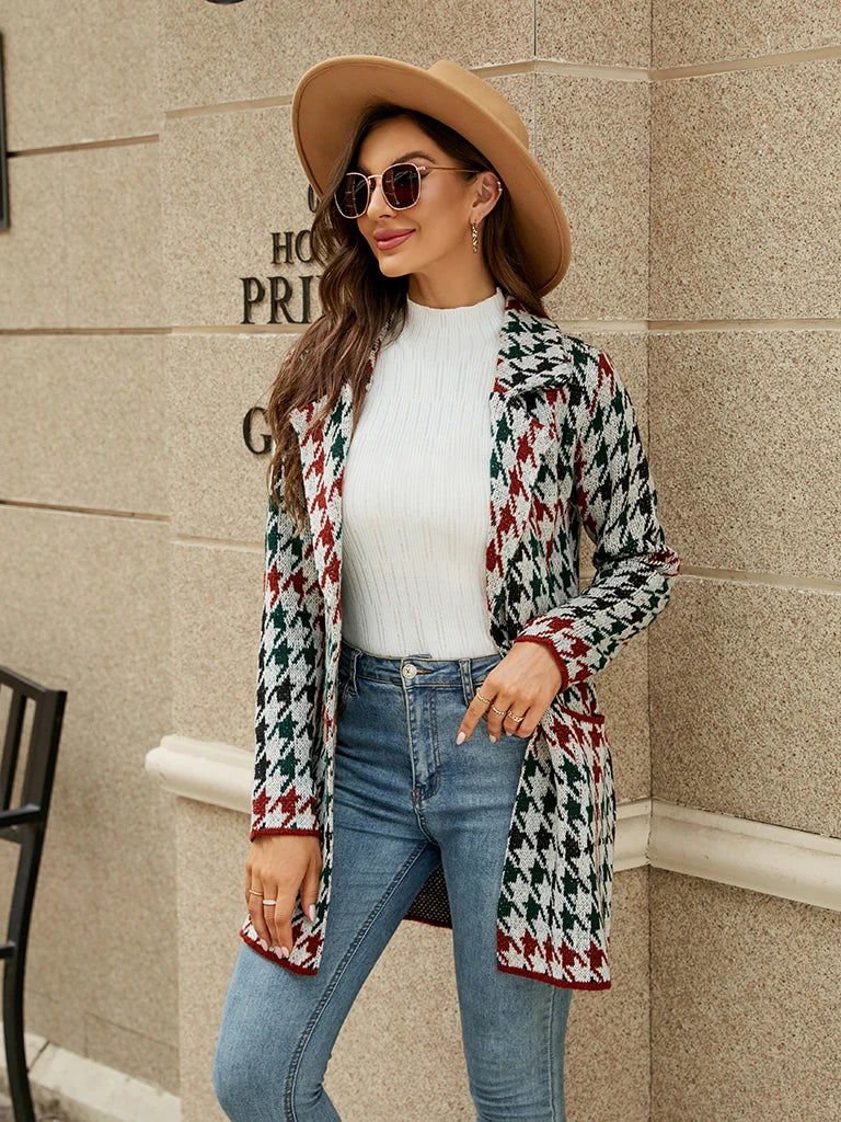 Fabienne Notch Lapel Houndstooth Knit Coat