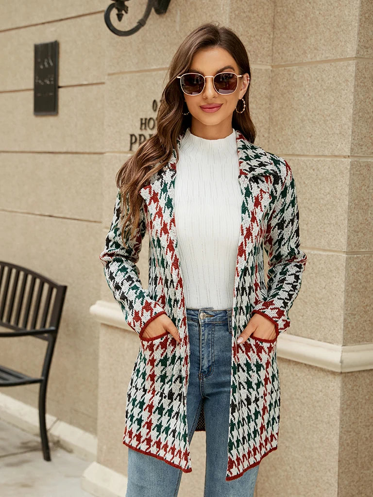 Fabienne Notch Lapel Houndstooth Knit Coat