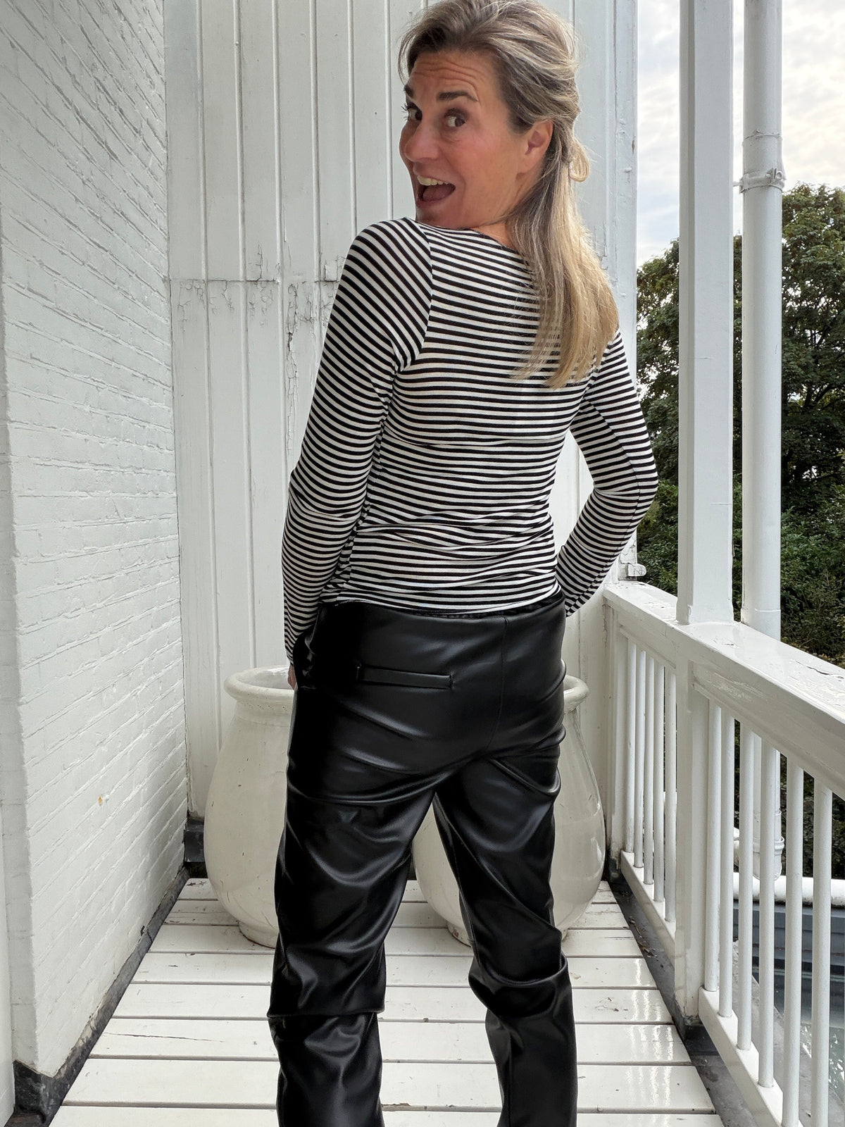 Fenna Sheer Fine-Stripe Top – Fitted Long Sleeve Layering Top