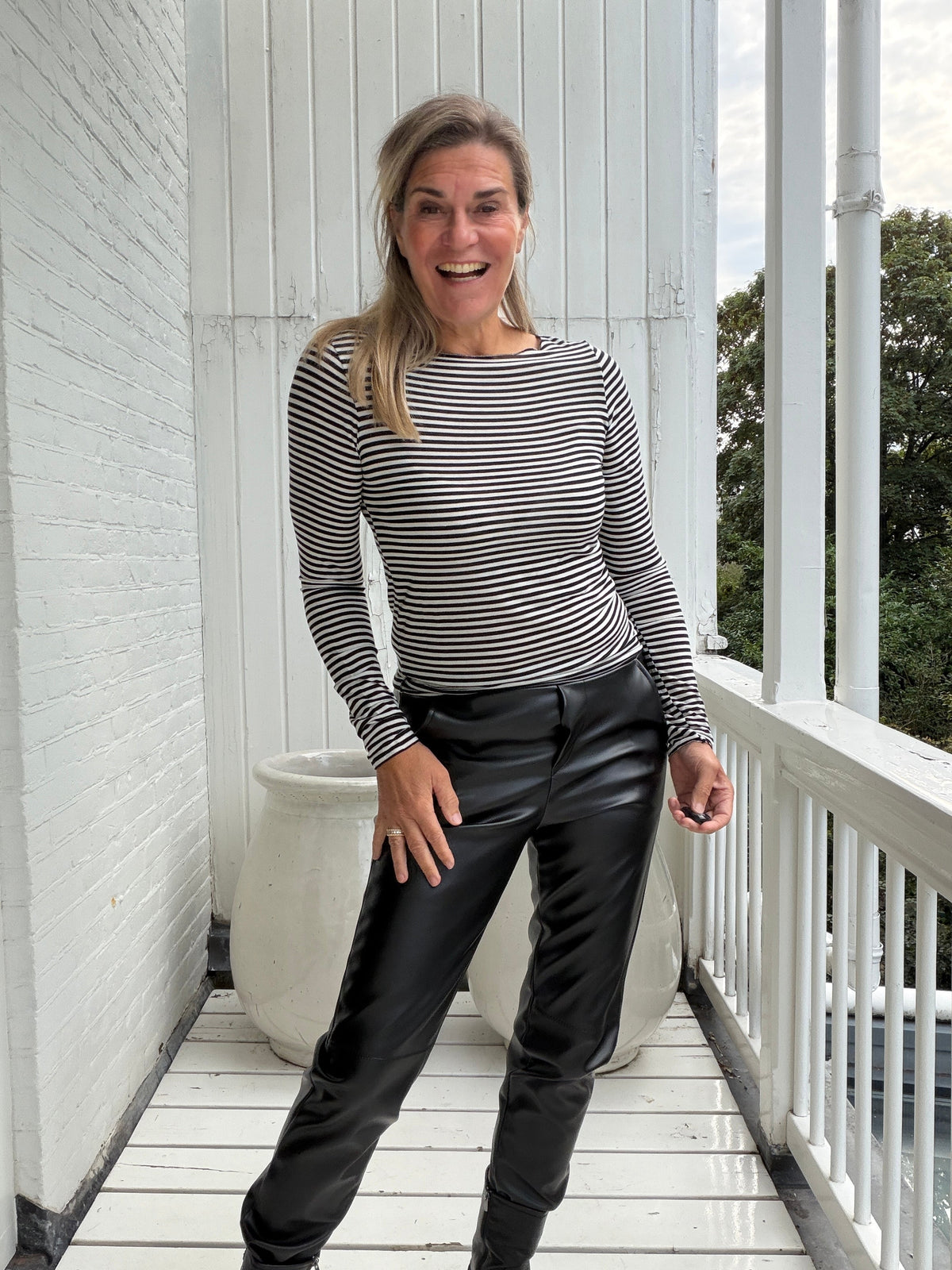 Fenna Sheer Fine-Stripe Top – Fitted Long Sleeve Layering Top – Black