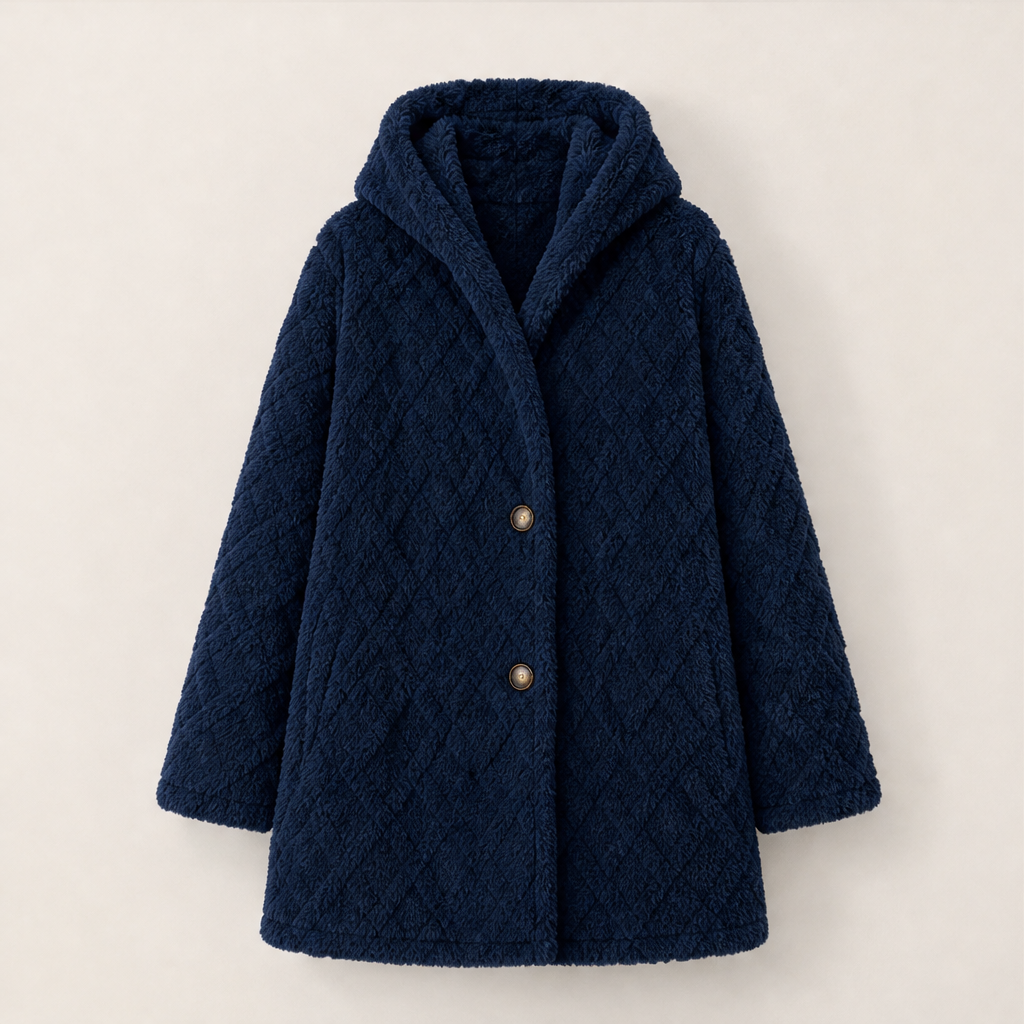 Fenwick Plush Hooded Jacket – Diamond Quilted Double Button – Navy