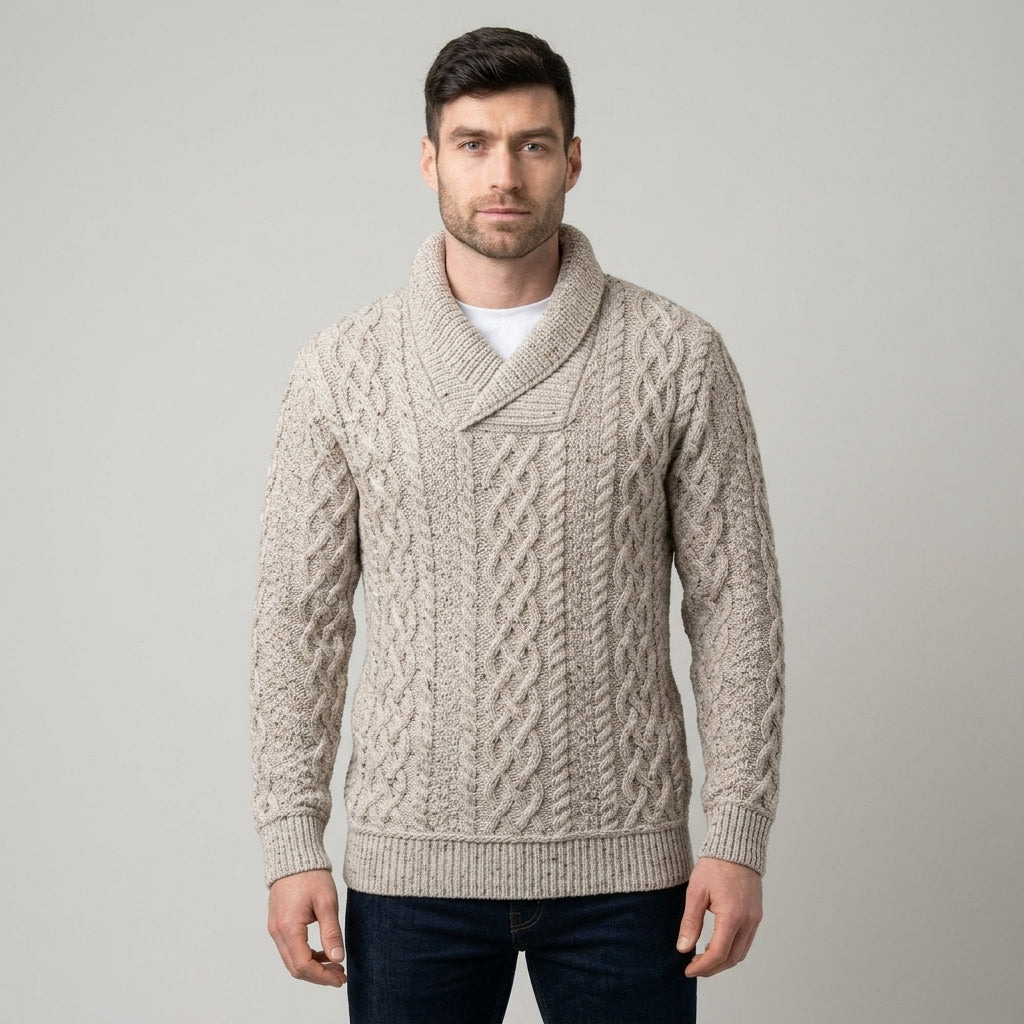 Alistair Shawl Collar Cable Knit Jumper – Men's Aran Pattern Winter Sweater