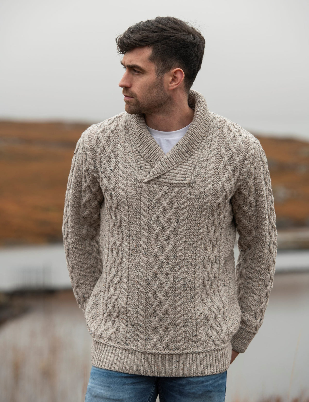 Alistair Shawl Collar Cable Knit Jumper – Men's Aran Pattern Winter Sweater