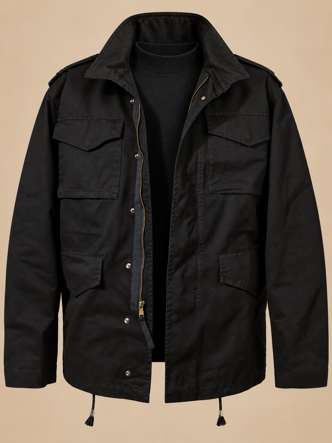 Fitzroy Utility Field Jacket – Stand Collar Four Flap Pockets Drawstring Hem – Black