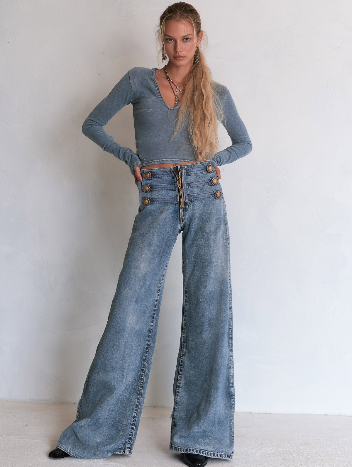 Florence Straight-Leg Jeans – Button Fly Ribbon Detail Casual Fit – Blue