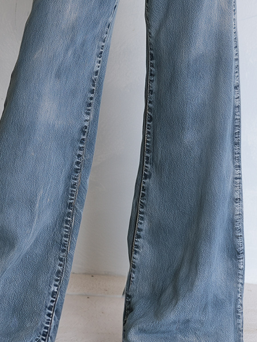 Florence Straight-Leg Jeans – Button Fly Ribbon Detail Casual Fit – Blue