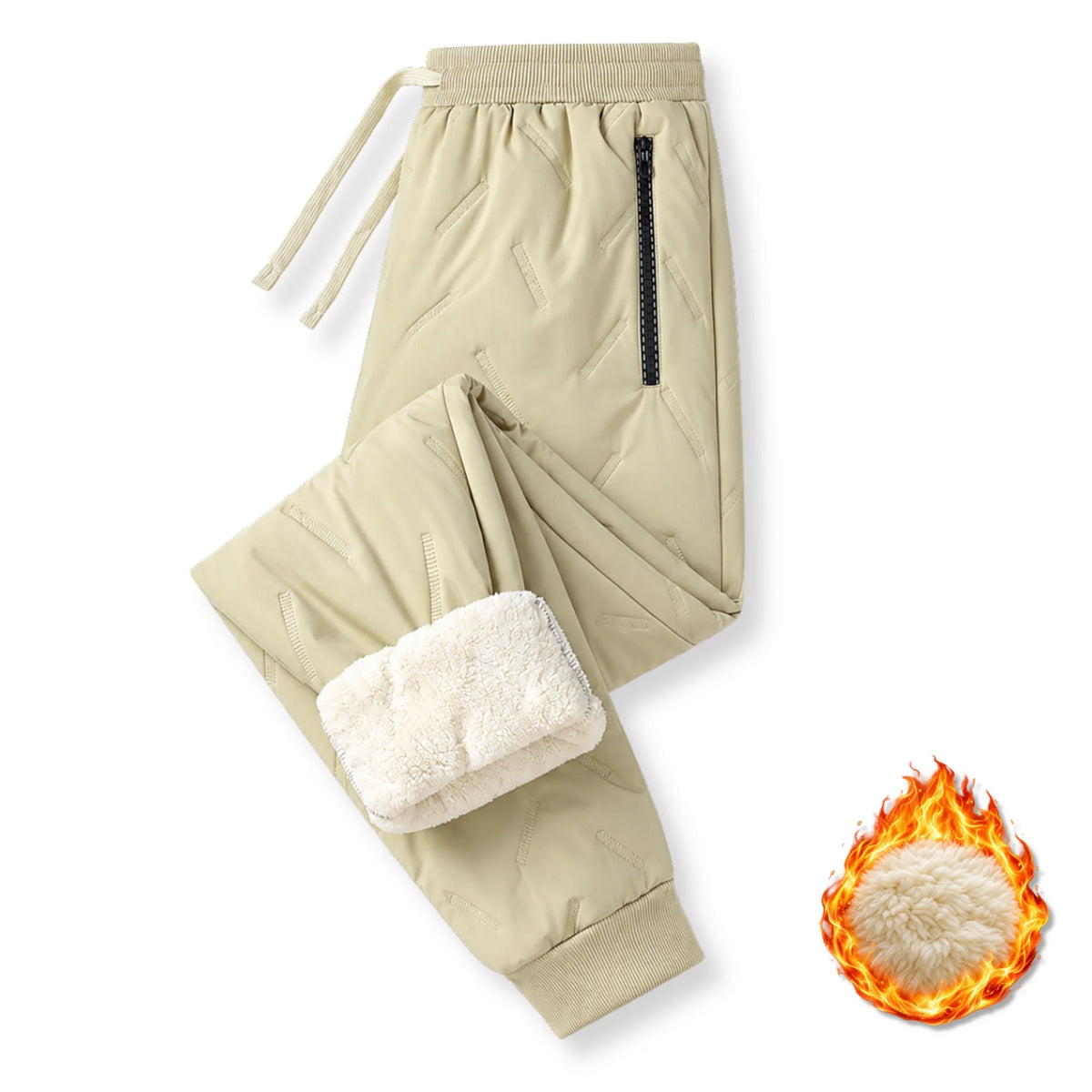 Freya Quilted Lined Joggers – Drawstring Waist Zip Pockets Cuffed Ankle - Sand