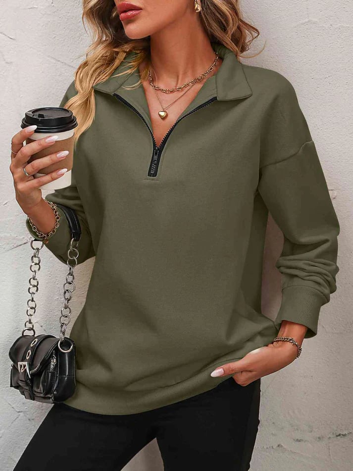 Harlow Quarter-Zip Sweatshirt – Collared Drop Shoulder Pullover Army Green
