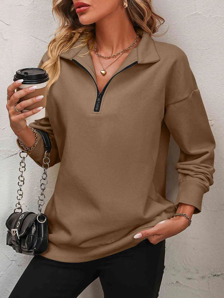 Harlow Quarter-Zip Sweatshirt – Collared Drop Shoulder Pullover Camel